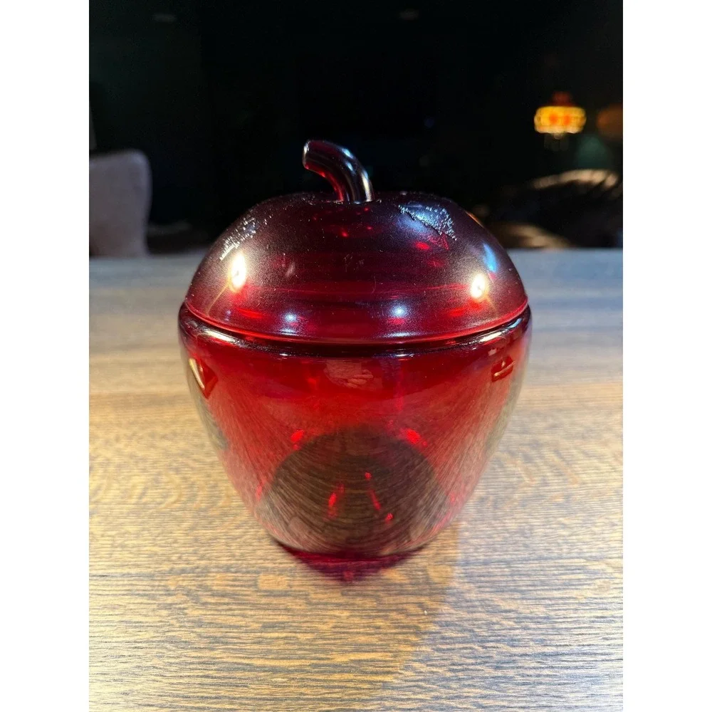 Vintage Anchor Hocking Ruby Red‎ Cookie Jar: Embossed Leaf Lid, 1970s